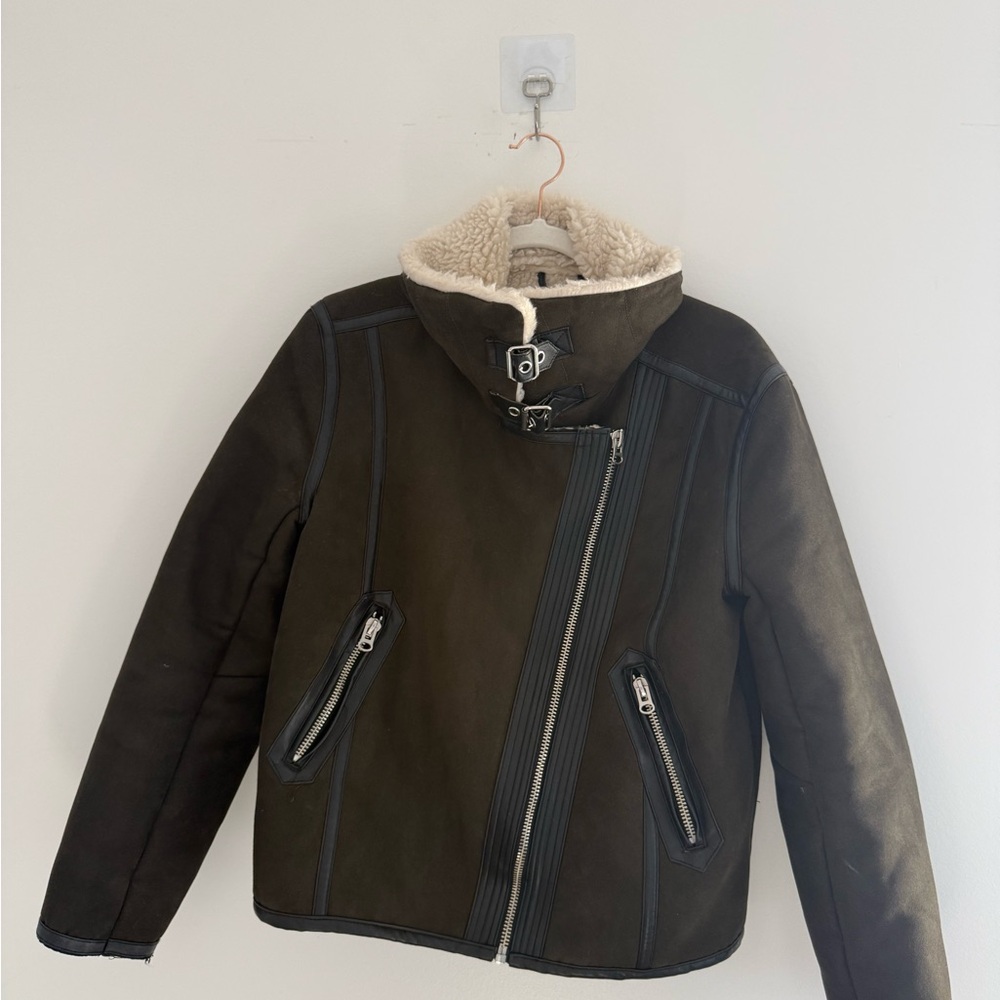 H&M Faux Leather Sherpa-Lined Moto Jacket | Size 10 | Black Winter Biker Coat - Picture 4 of 5